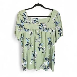Lucky Brand Green Floral Square Neck Short Sleeve Top XL